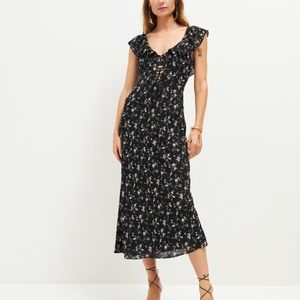 Reformation Black Floral Ruffle Tie-Front Midi Dress